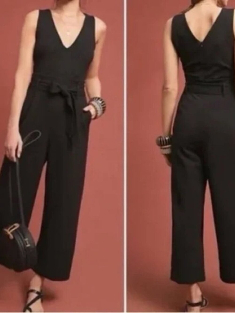 ANTHROPOLOGIE Black V-Neck Tie Waist Wide Leg Jumpsuit Size Small
